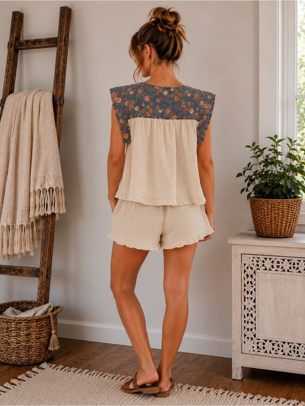 BiBi Cream Gauze Peasant Top with Denim Floral Bow Size S - Picture 2 of 5